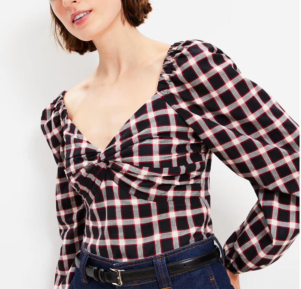 NEW Loft Plaid Sweetheart Blouse Black Red White Twist Front Cropped Women's 2